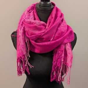 Pashmire Bright Pink Animal Print Fringe Scarf Metallic Thread Wrap Shawl